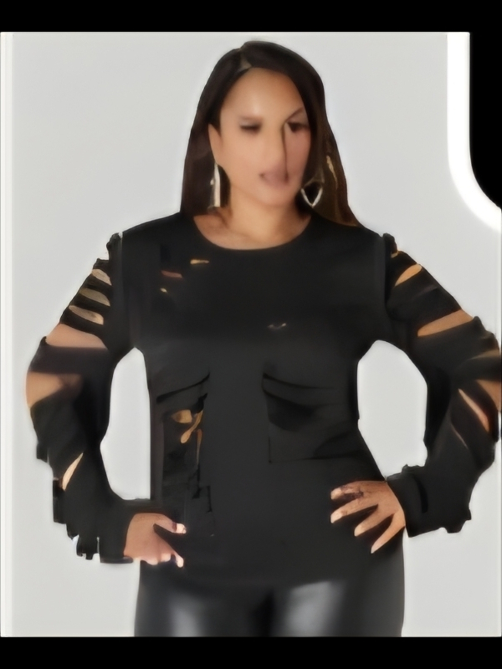 Ashley Stewart Black Distressed Cutout Long-Sleeve Top